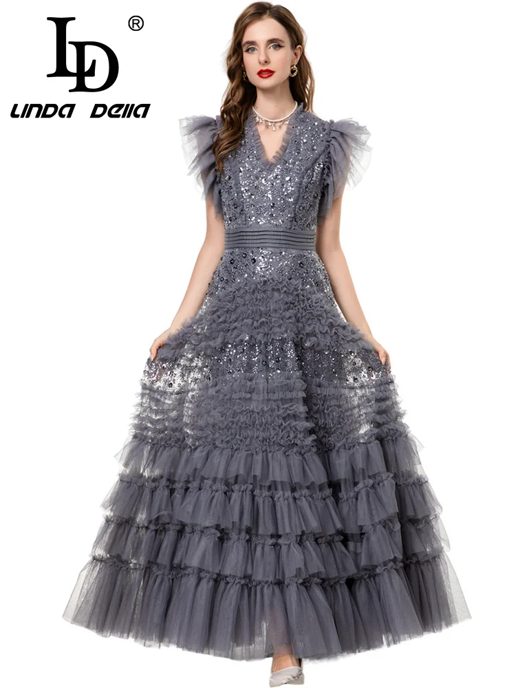 LD LINDA DELL فستان عشاء شبكي مطرز بلون سادة ورقبة على شكل حرف V فستان عشاء مثير للولائم عالي الخصر فستان عصري