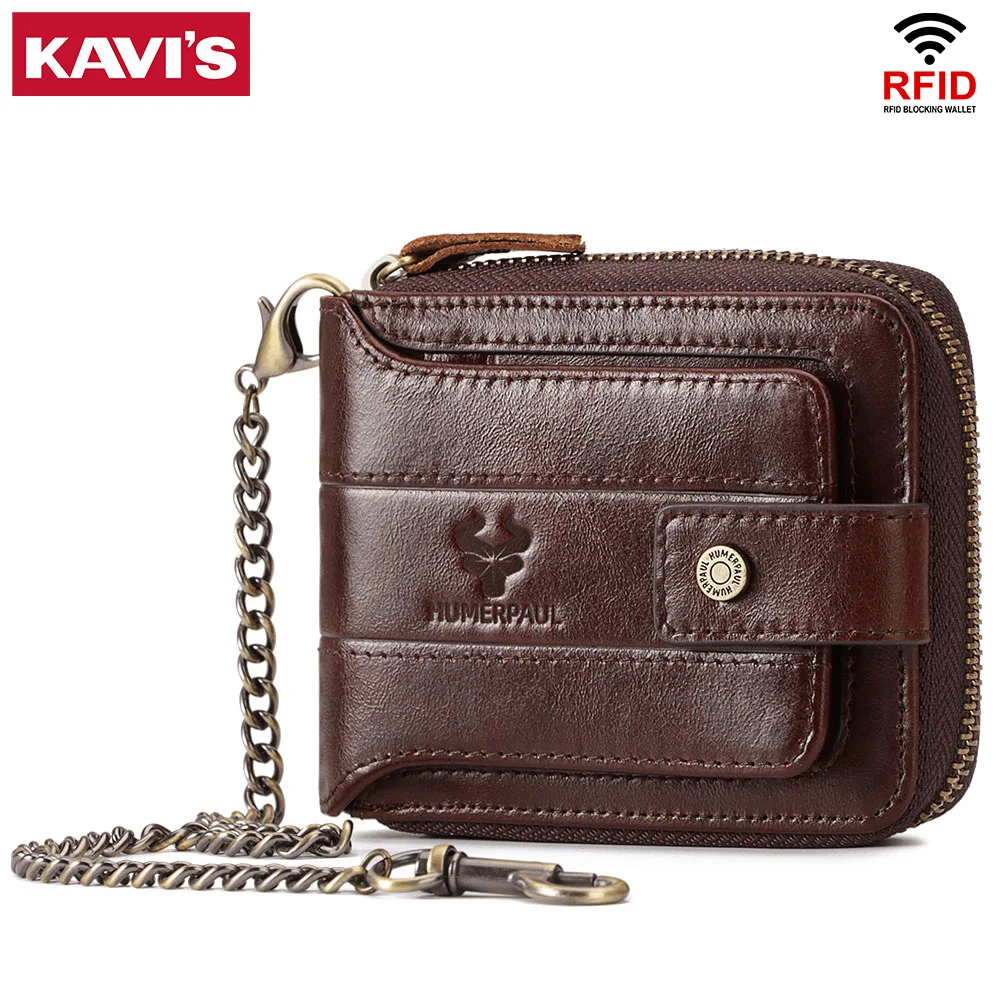 KAVIS Brand Men's Wallet RFID Genuine Leather Zipper Credit Cards Holder Multifunction Male Storage Money Bag with Coin Purse