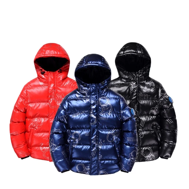 Kids Winter Thick Warm Windproof Waterproof Cotton Content Coat Teenager Boys Girls Astronaut Print Cotton Padded Outwear