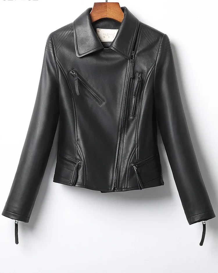 Takiyane blouson de moto en cuir véritable femme, nouveau manteau printemps-automne en peau de mouton, court manteaux en cuir Slim Jaqueta SGG741