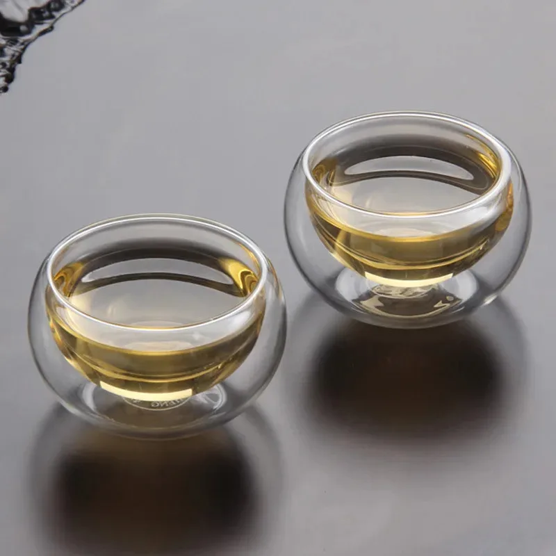 

2pcs 50ml Double Layered Small Wine Glass Transparent Hot Cup Vodka Baijiu Liquor Glasses Household Tea Set