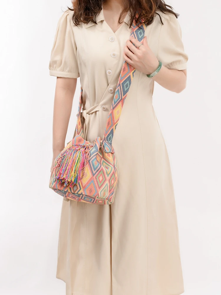 Bolso tipo cubo cruzado, bolso de lona de estilo étnico bohemio, lienzo estampado para mujer, bolsos diarios para ir al trabajo, bolsos de playa para verano