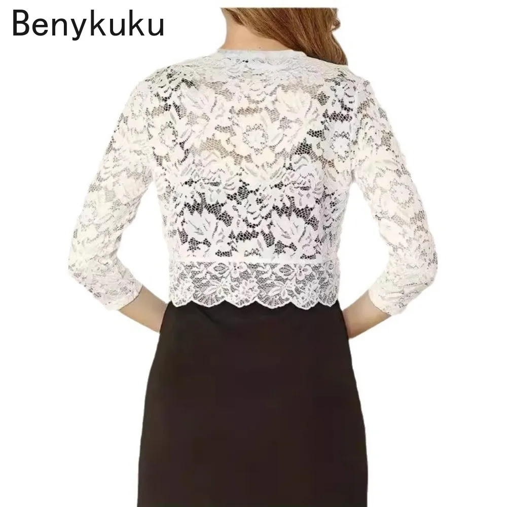 Černobílé bolerko s rameny 2025 Letní oblečení Dámský květinový krajkový kardigan Průsvitný vroubkovaný 3/4 rukáv Crop Top - náhled 6