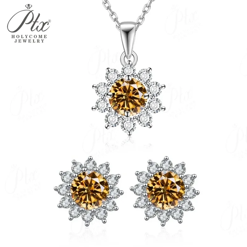 � ​ Sonnenblumen-Ohrstecker, Anhänger-Halskette, Moissanit-Schmuckset, stapelbar, S925 Sterling Silber, mehrfarbig, hypoallergene Charms – Detail 24