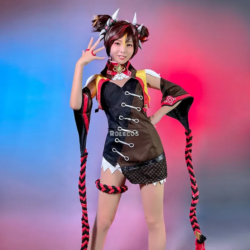 CosplayROLECOS juego Genshin Impact Xinyan disfraz de Cosplay Xinyan disfraz de Cosplay Sexy vestido de mujer chaleco de Halloween pantalones cortos calcetines Fu