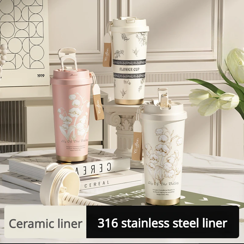 316 Stainless Steel Coffee Cup Ceramic Thermos Cup Lily of The Valley Flower Outdoor Car Water Cup with Tea Barn Water Bottle