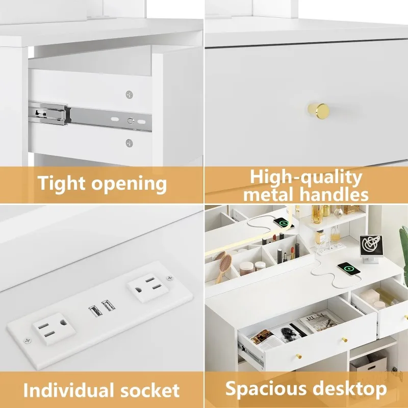 Makeup Vanity Desk Dressing Table with LED Lights & Power Strip - White