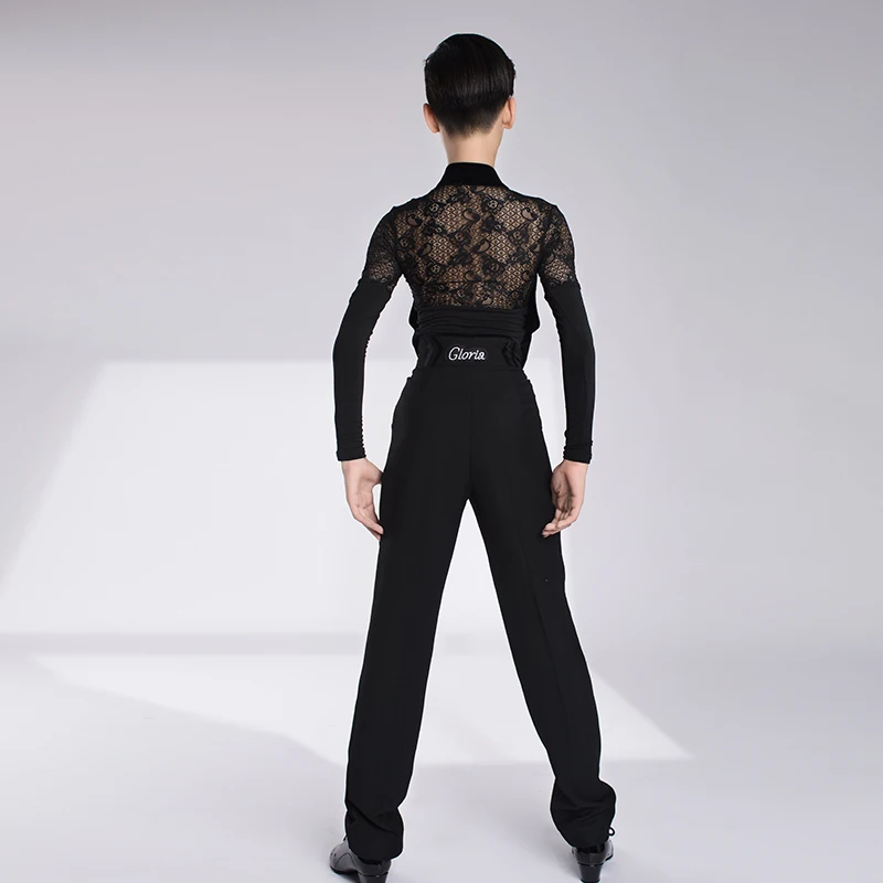 Boys Latin Dance Competition Costume Black Long Sleeve Velvet Lace Tops Pants Ballroom Tango Dance Performance Clothes DL10860