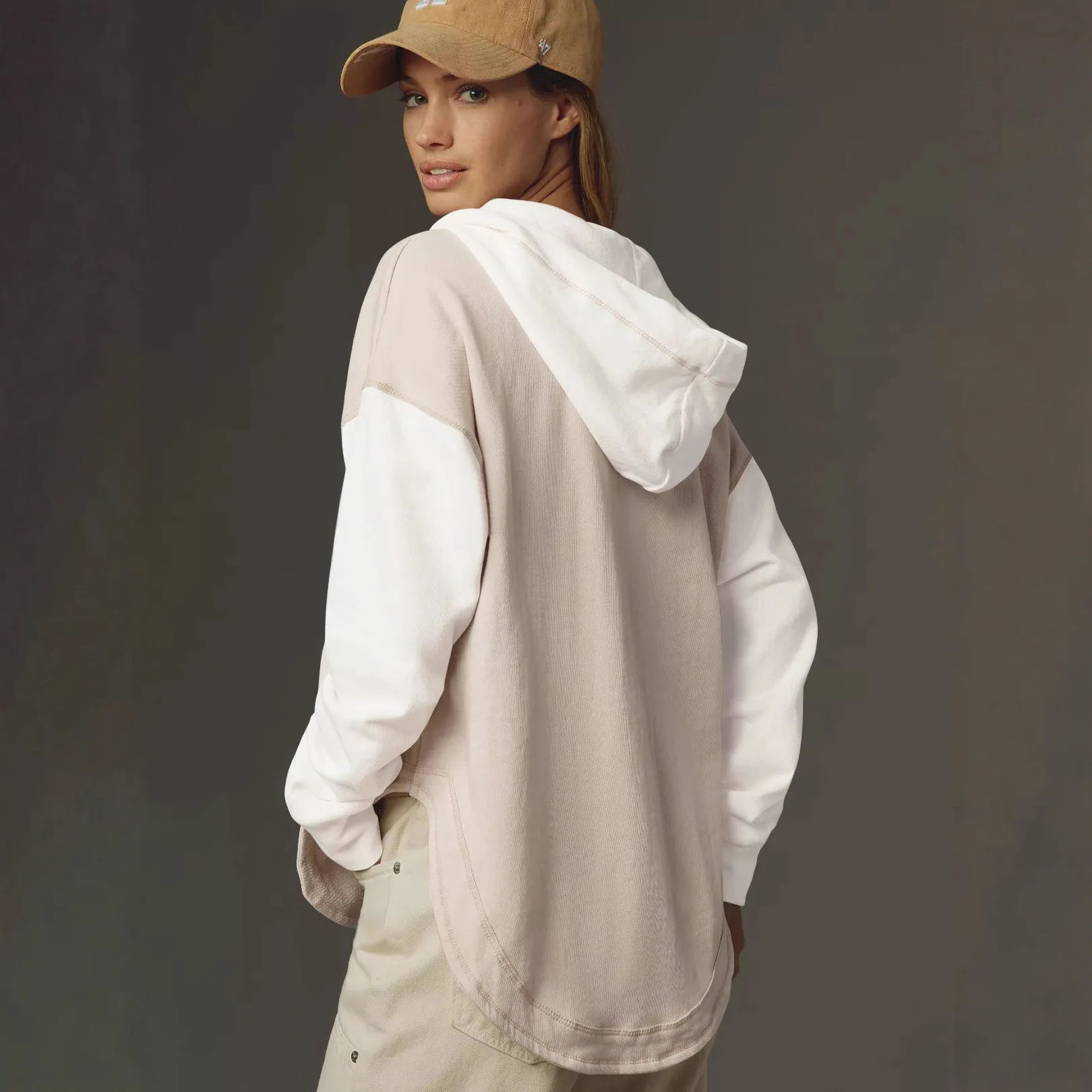 Herfst Winter V-Ne Hoodie Kleur Blo Dames Los Casual Lang Sve Trendy Top Katoen Wolmix Stof Normaal Dun