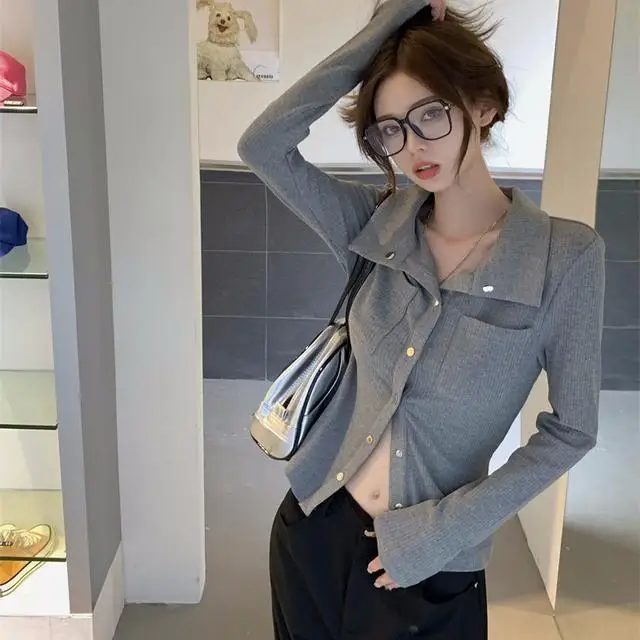 

Металлическая пуговица, осенняя пуговица, американская рубашка, топ, нишевое женское тонкое пальто, кардиган с лацканами, темперамент, с длинными рукавами