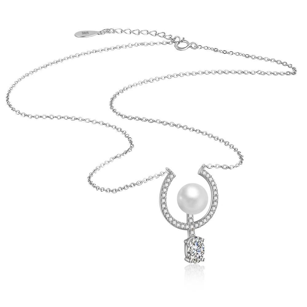 Hot Classic Dainty Minimalist Zircon Pearl Pendant Necklace 925 Sterling Silver Chain Round Clear Zircon Necklace Horseshoe iron