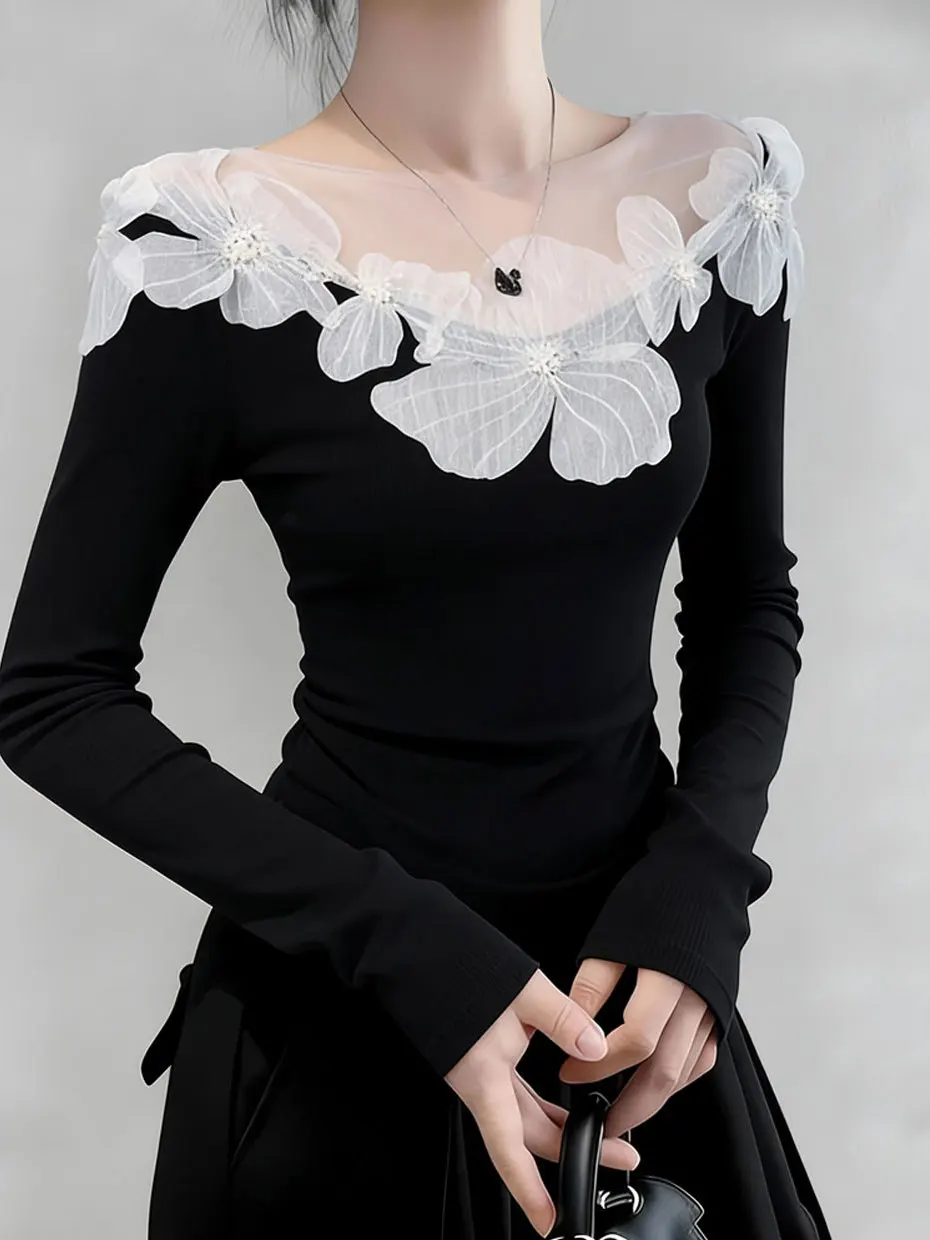 

French Style Slim Fit Long Sleeve Embroidered Base Shirt Women's Inner Wear Floral One Shoulder Top for All Seasons