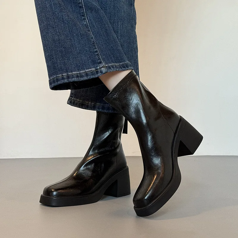 Women's Platform Chelsea Shorts Boots Spring Autumn Square Round Toe Zipper Ankle Boots Waterproof Mid High Heels Botas De Mujer view 3