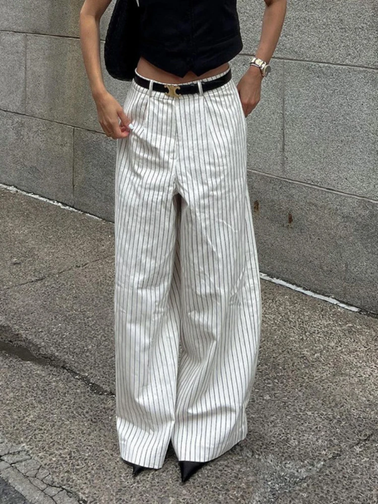 Tossy Women\'s Casual Black White stripe Wide Leg Pants 2024 New Fashion High Waist Zipper Loose Work Business Pants with Pockets