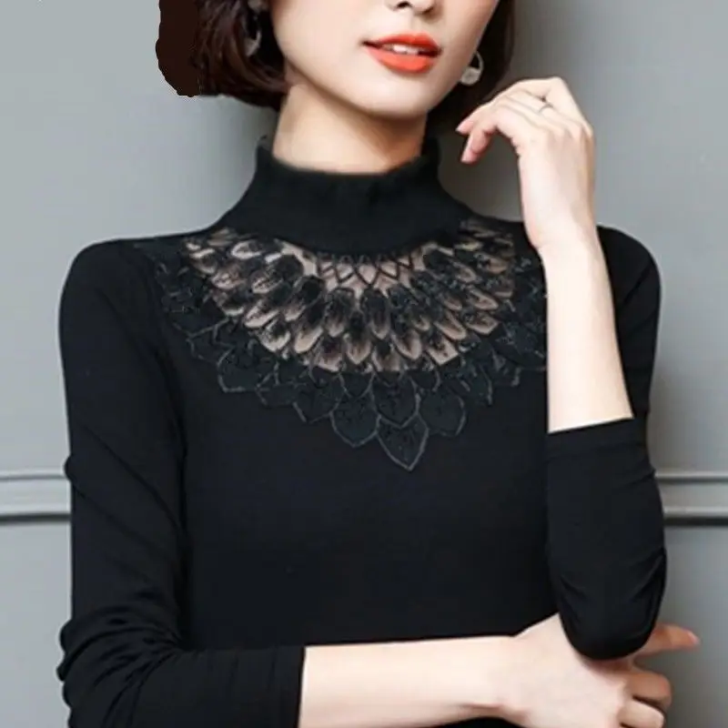 Women Spring Simplicity Slim Fashion Diamonds Lace Half High Collar Long Sleeve T-Shirt Women Clothes Thin Appear Thin Top Tee