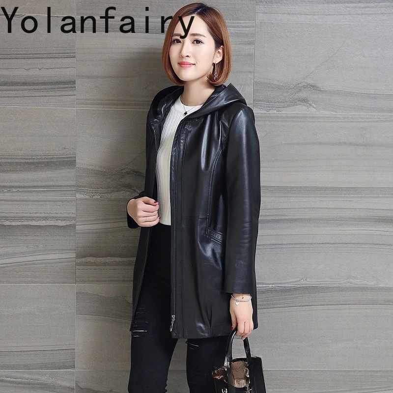 YOLANFAIRY 리얼 양가죽 트렌치코트 여성 가을 겨울 중간 길이 천연 가죽 재킷 여성 후드 윈드브레이커