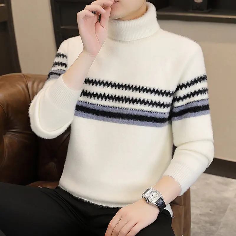

Мужской вязаный свитер с высоким воротником на осень-зиму, модный повседневный полосатый пуловер из шерсти и искусственного меха норки, теплый и стильный