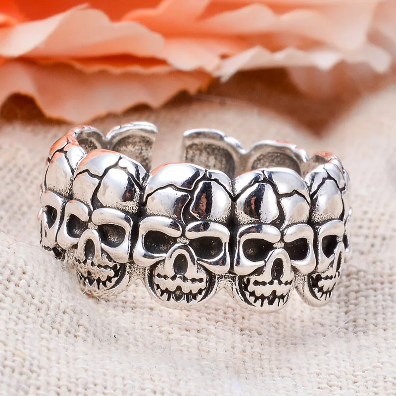 Domineering Skull Head Vintage Thai Silver Man Rock Punk Ring Promotion Bar Jewelry Halloween Gift Cheap