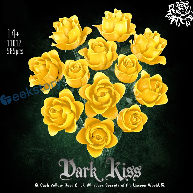 Simulation 585pcs Blue/Pink/Yellow Rose Bouquet Model Building Blocks Black Flower Set Girl Gifts Assembled Ornament Bricks Toys