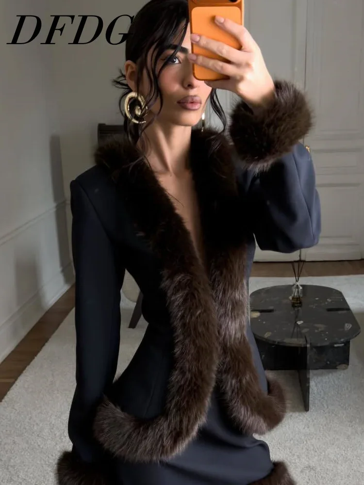 

DFDG Women's Spring Summer Lapel Faux Fur Trim Fitted Blazer Chic Formal Party Wear 2026 Trendy Feminine Fashion Outfit Coat