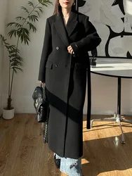 Women long woolen coat gray black off white turn down collar double-breasted wool overcoat elegant thicken warm autumn winter