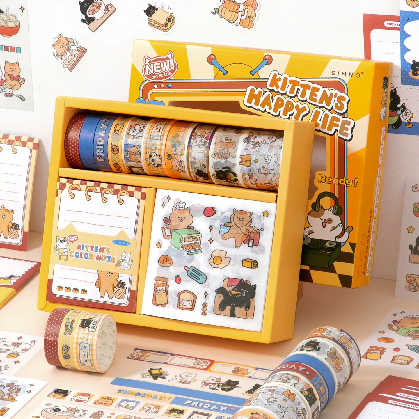 120 Pcs Kawaii Cat Scrapbook Supplies Kit Stationery Set With Memo Notes Washi Tape & Stickers Craft Gift For Cat Lover