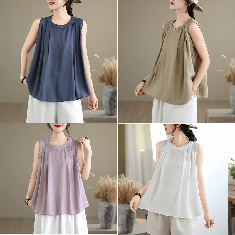 New Summer Textured Linen Loose Vest Cotton Linen Women's Faion Pleated Svel Top T-irt Small irt Original Design