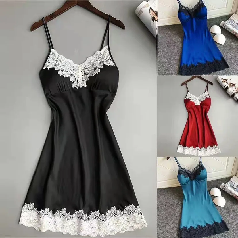 

Sexy Camisole Nightgown Thin with Chest Cushion Lace Border Solid Color Sleepwear Home Wear