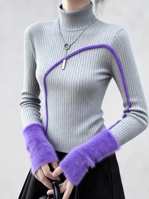 

Вязаный свитер с высоким воротником в стиле ретро, женский, приталенный, с длинными рукавами, с элементами из искусственного меха, базовая модель для повседневной носки, из утолщенной шерсти...