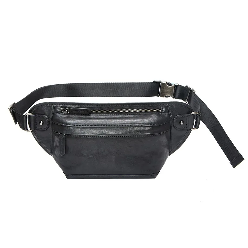 Wmnuo-Bolso de pecho de piel de vaca auténtica para hombre, bandolera informal de color negro, 2 estilos