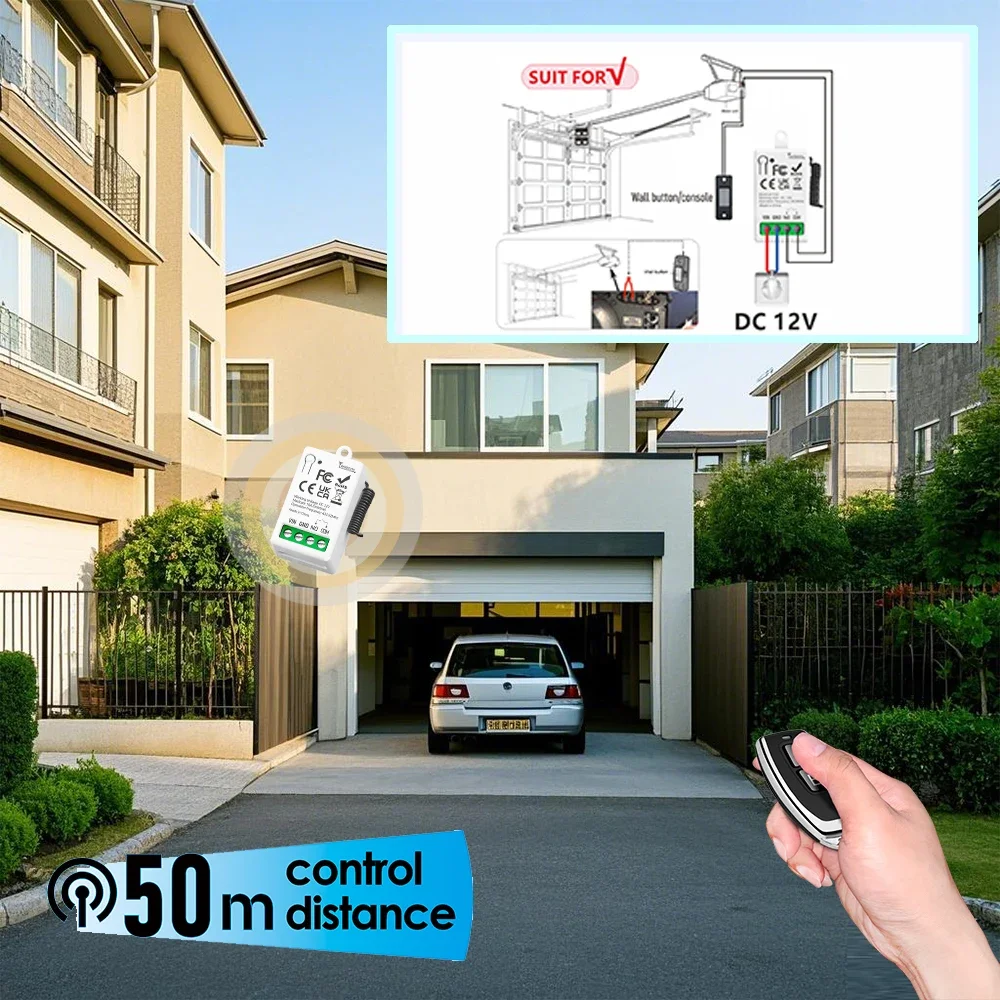 ガレージドア用ユニバーサルワイヤレスリモコン,LEDライトドア用ミニレシーバー,電磁ロック,433mhz,dc12v,1ch,10a