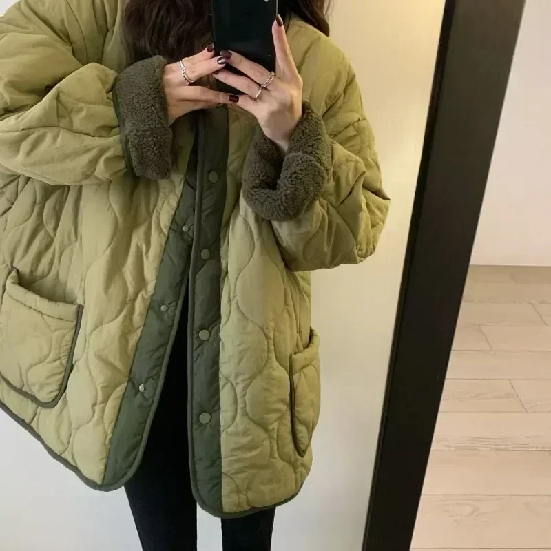 Manteau mi-long en velours et laine d'agneau pour femme, manteau en coton épaissi, col rond, document assressenti, hiver
