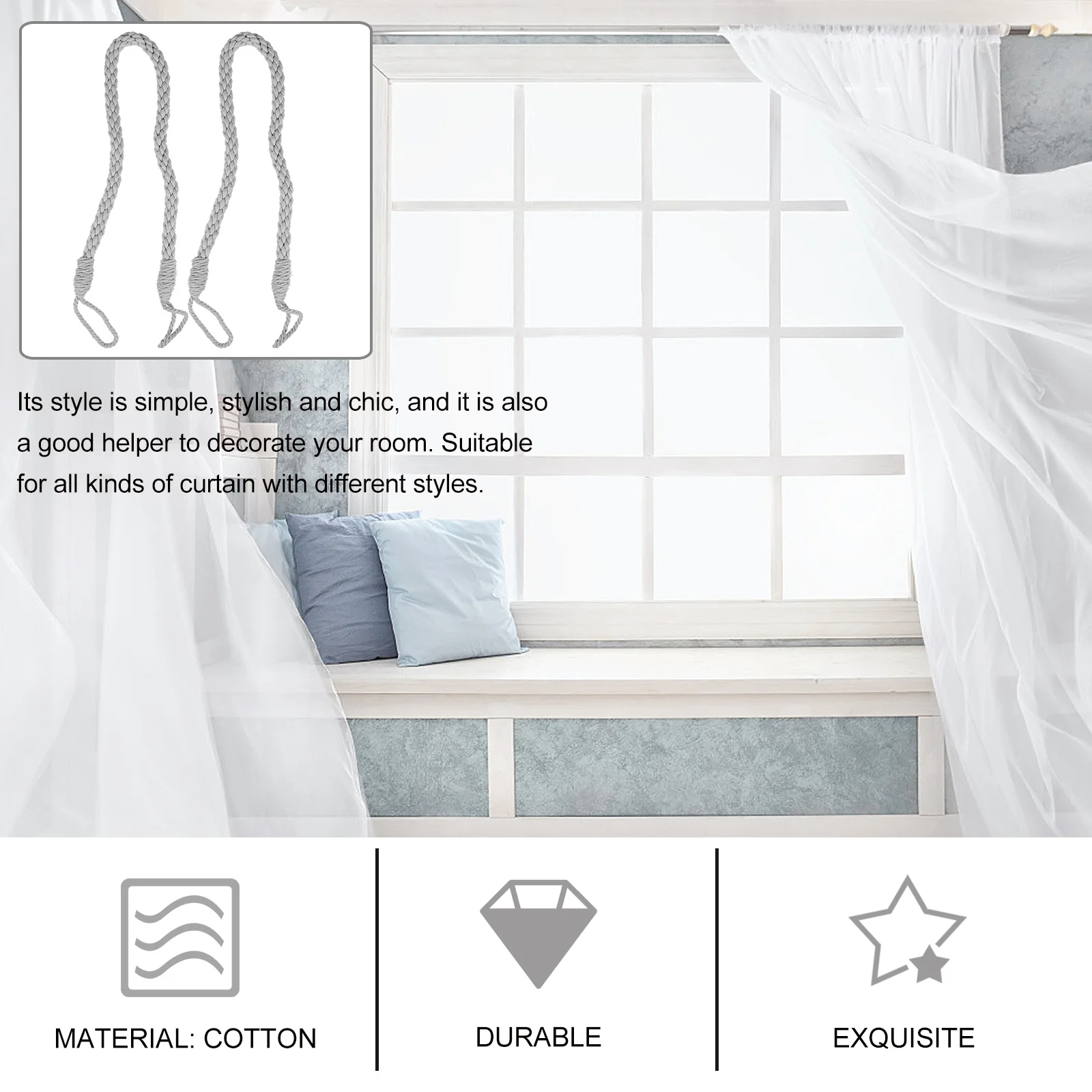 

2Pcs Curtain Tieback Design Woven Cotton Rope Strong Holdback for Bedroom Living Room Window Treatment Decor