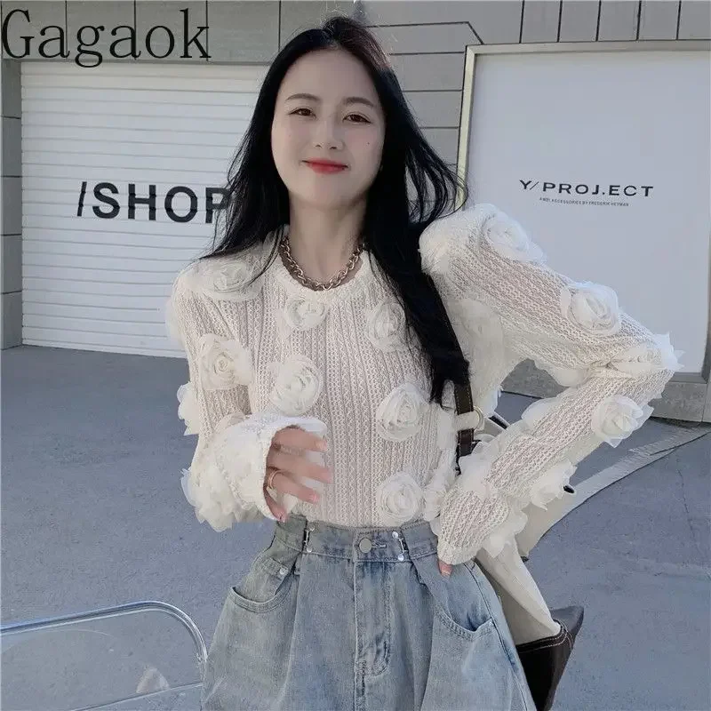 Gagaok Lace Shirt for Women Spring Autumn Temperament Hollow Out 3D Flower Slim Fit Long Sleeve Underlay Short Top