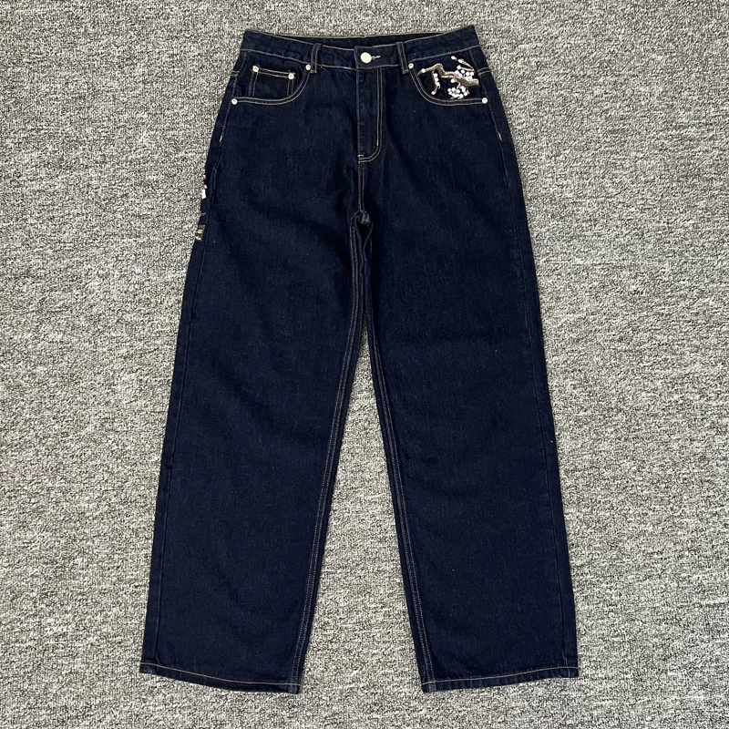 2025 신상 데르슈츠제 진 레트로 힙합 자수 패턴 배기 진 벚꽃 원시 데님 바지 남녀공용 Y2K 스트리트웨어