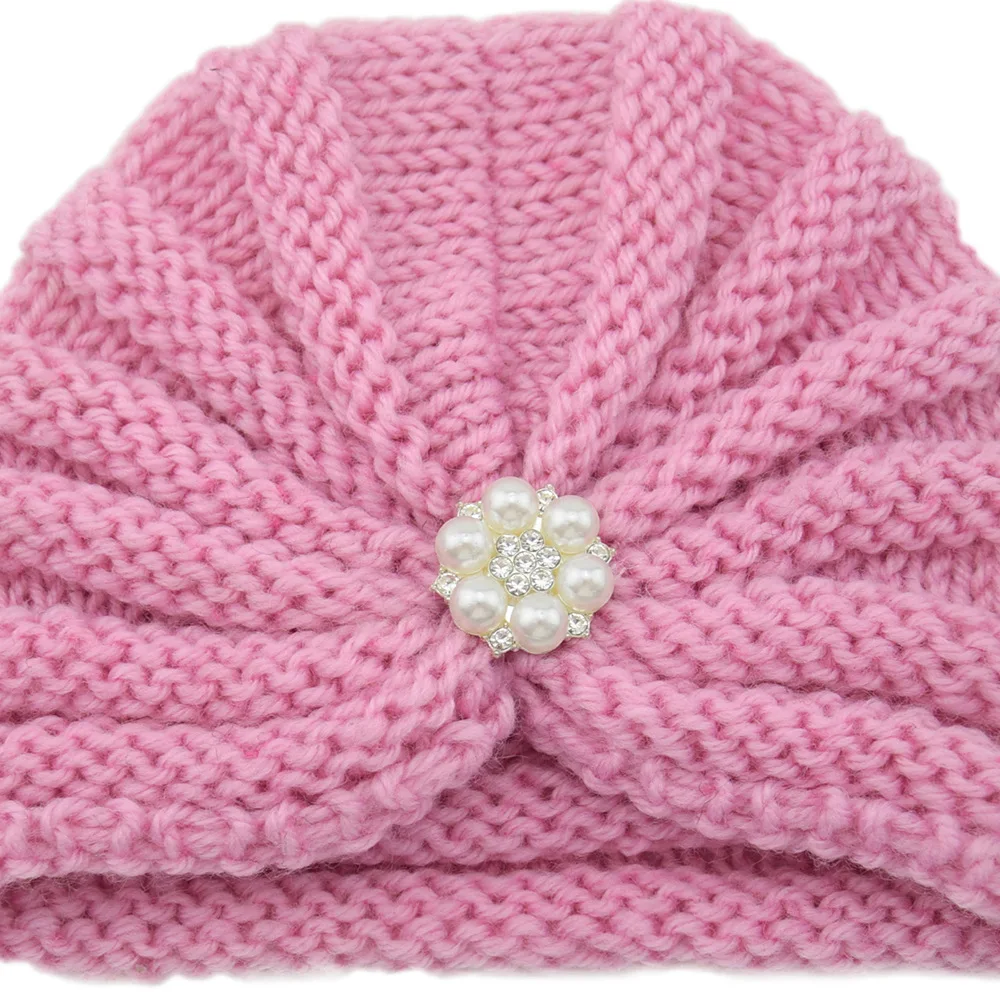 Children Winter Warm Hijab Caps Cute Sweet Pearls Rhinestone Knitted Hats Pullover Caps Soft Thick Ear Warmers Photo Props
