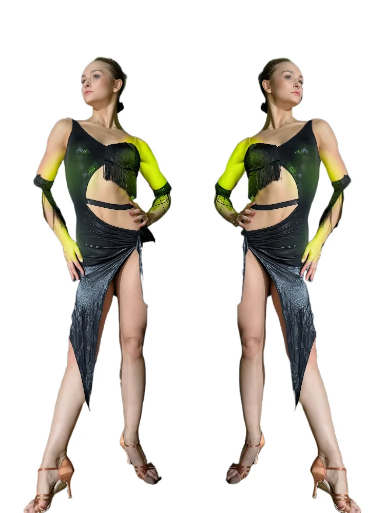 

Women's Latin Dance Dress Cha-Cha Samba Training Performance Costume Irregular Shoulder with Fringe Decoration on the Chest
