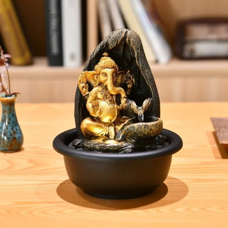 Desktop Elephant Figurine Water Feature Ornament Modern Home Living Room Table Decor Simulated Cave