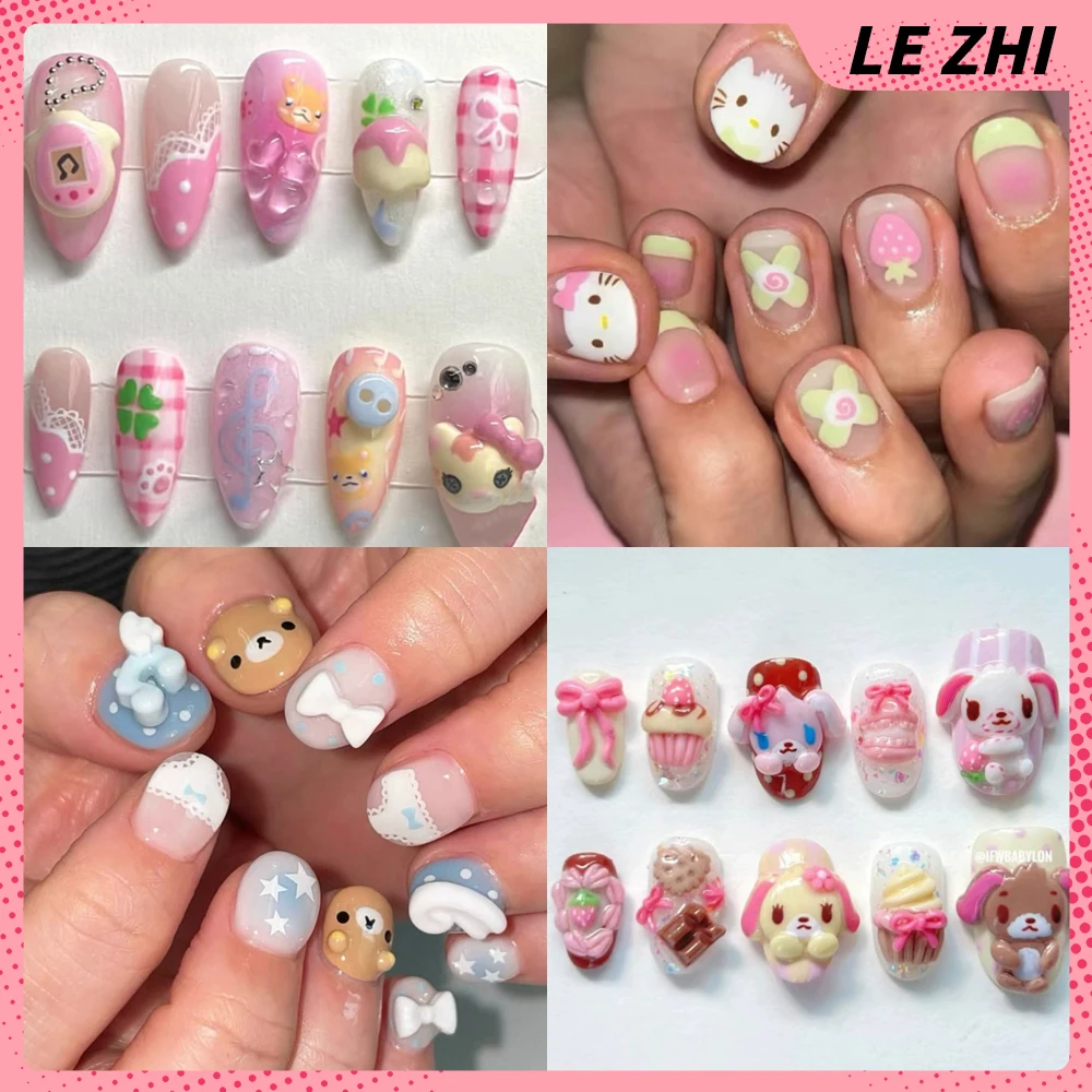 

10Pcs Cute Anime Hello Kitty Rilakkuma Handmade Almond Fake Nails Kawaii Cartoon Dessert Wings Bowknot Diamond Fake Nails