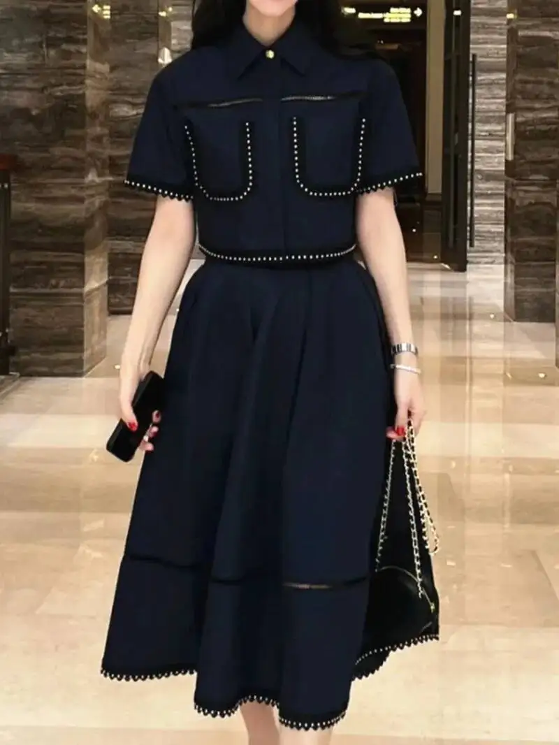 الصلبة قطعتين مجموعات للنساء التلبيب كم قصير بلايز عالية الخصر ألف خط تنورة التخسيس مجموعات الإناث الاسلوب المناسب الكورية KS7Z