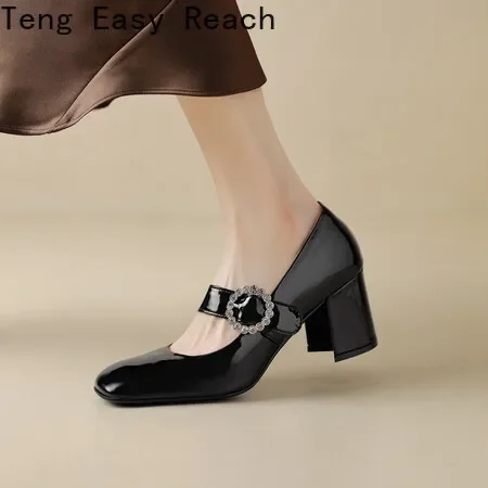 2024 New Women's Pumps Natural Leather Cow Patent Leather Upper Square Toe Mary Jane Shoes Full Leather Shoes