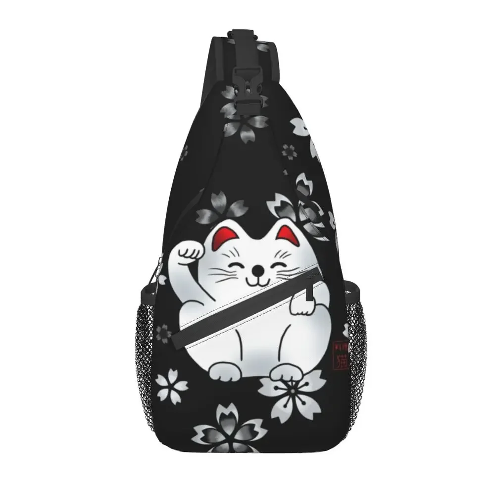 Sitting White Maneki Neko Sling Bags Men Fashion Japanese Lucky Cat Shoulder Crossbody Chest Backpack Travel Hiking Daypack