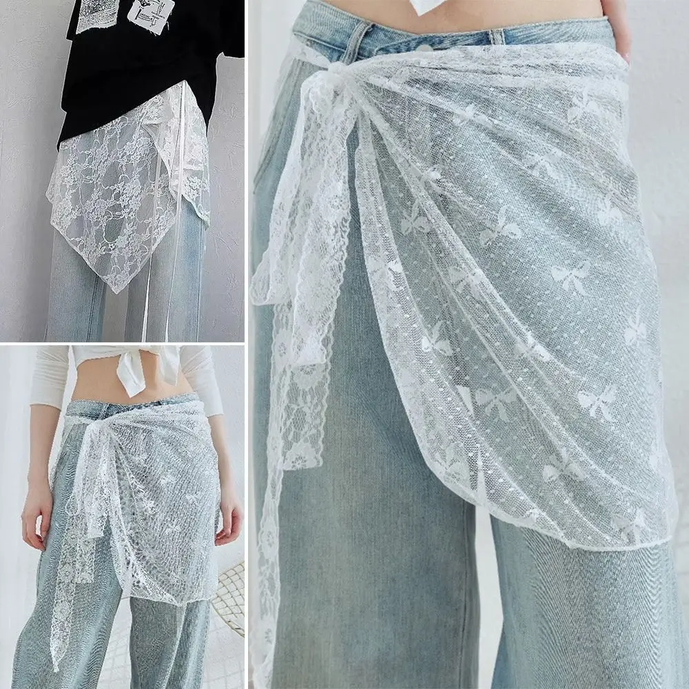 

Floral Design Lace Layered Skirt Lightweight Streetwear Style Wrap Skirts Comfortable Sheer Overskirt