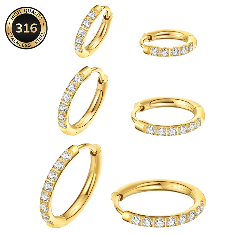 Stainless Steel CZ Hoop Earrings Women Silver Pave Huggie 8mm 10mm 12mm Pair Minimalist Dainty Elegant Fashion Jewelry Gift