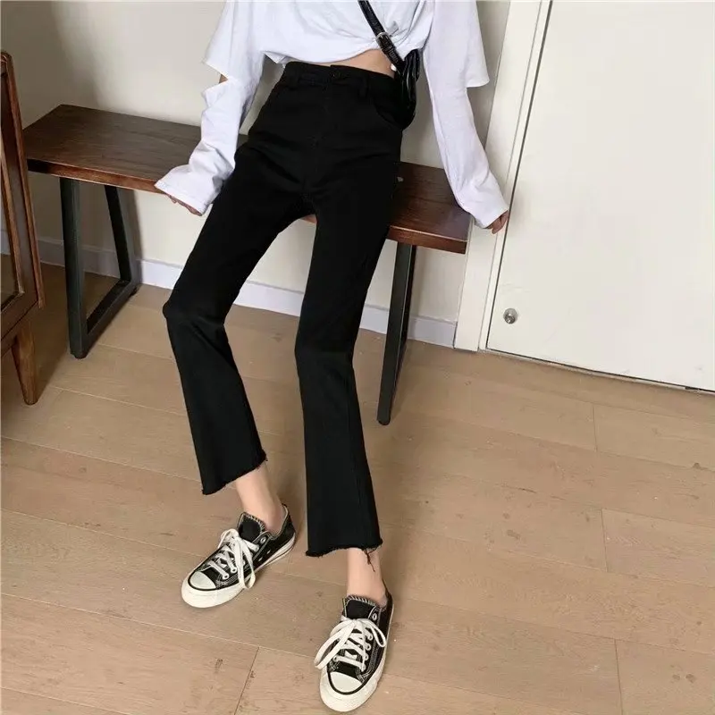 

High Waist Bell Bottom Jeans Women's Spring Autumn New Style plus Size Elastic Slimming for Pear Shaped Body Long Cotton Stre...