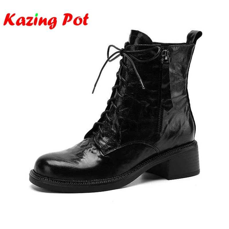 Krazing Pot New Sheepskin Round Toe Med Heels Modern Boots Keep Warm Winter Shoes Cross-tied Lace Up Pleated Design Ankle Boots