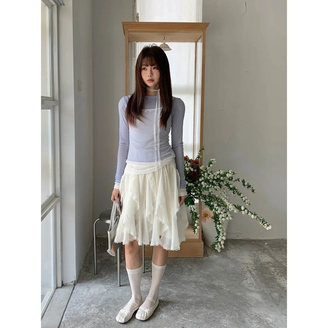 Nieregularna spódnica do połowy długości dla kobiet 25 Wiosenny styl z koronkową krótką spódniczką w stylu wróżki z liści lotosu