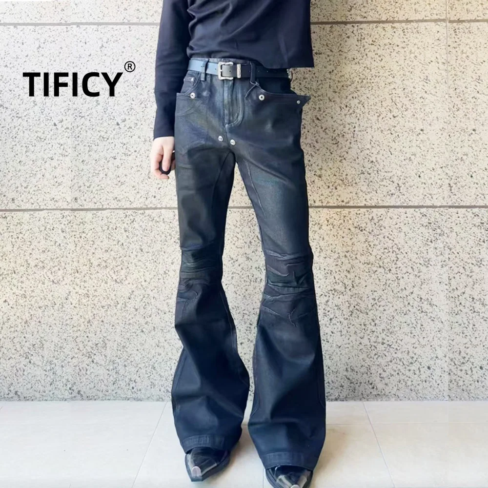High Street RO Dark Style Devil Horn Brush Wax Coating Elastic Jean Pants Men's Willow Nail Decorative Horn Wax Denim Pants