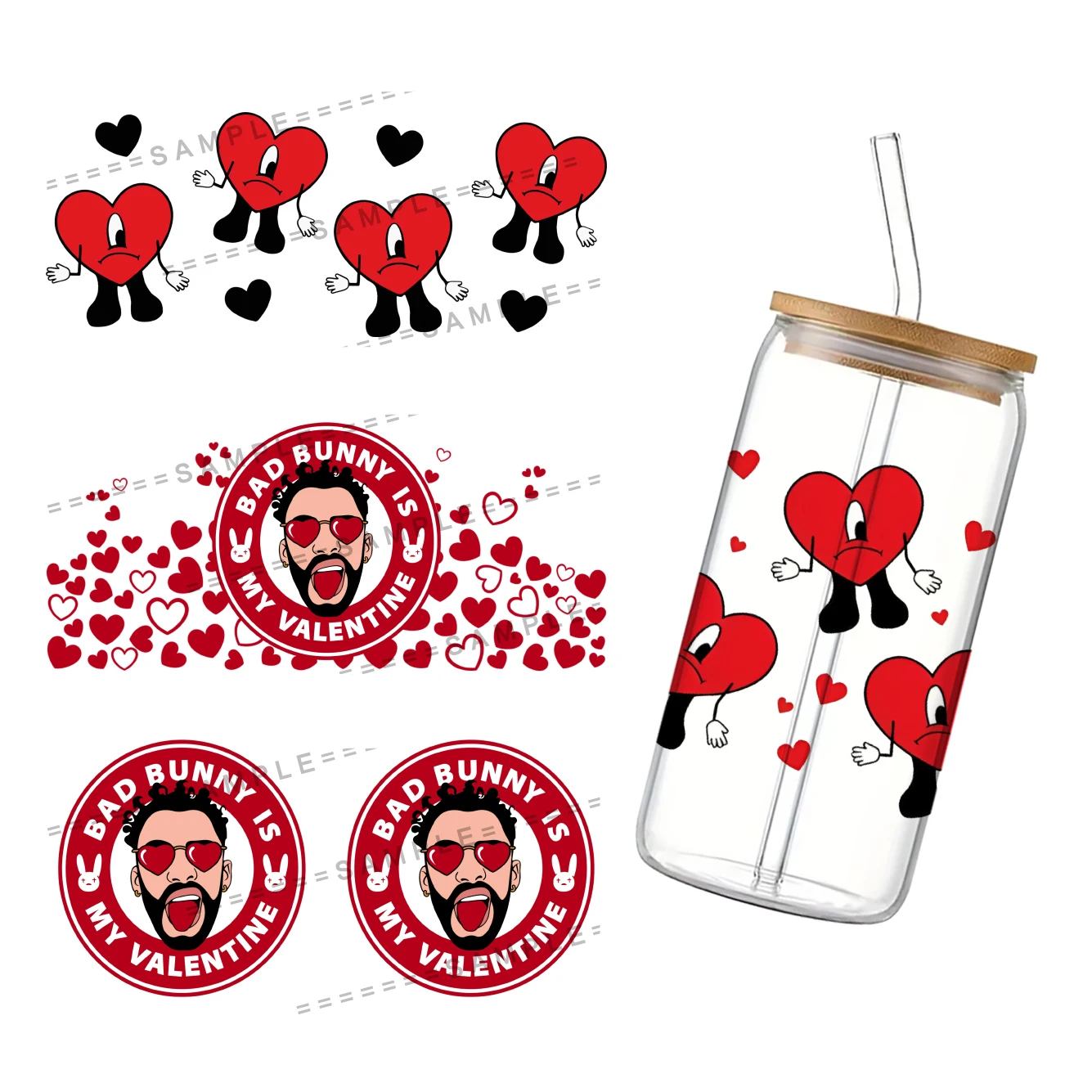 New Valentine's Day Theme Bad Bunny For Libbey 16oz Can Glass 3D Waterproof UV DTF Coffee Can Wrap Libbey Glass Wrap