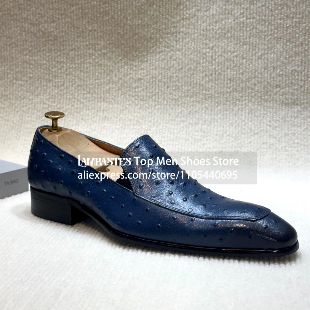 Navy Blue Ostrich Print Slip On Loafers Embossed Ostrich Skin Formal Loafers for Men Luxury Style Slip On Business Dress Shoes